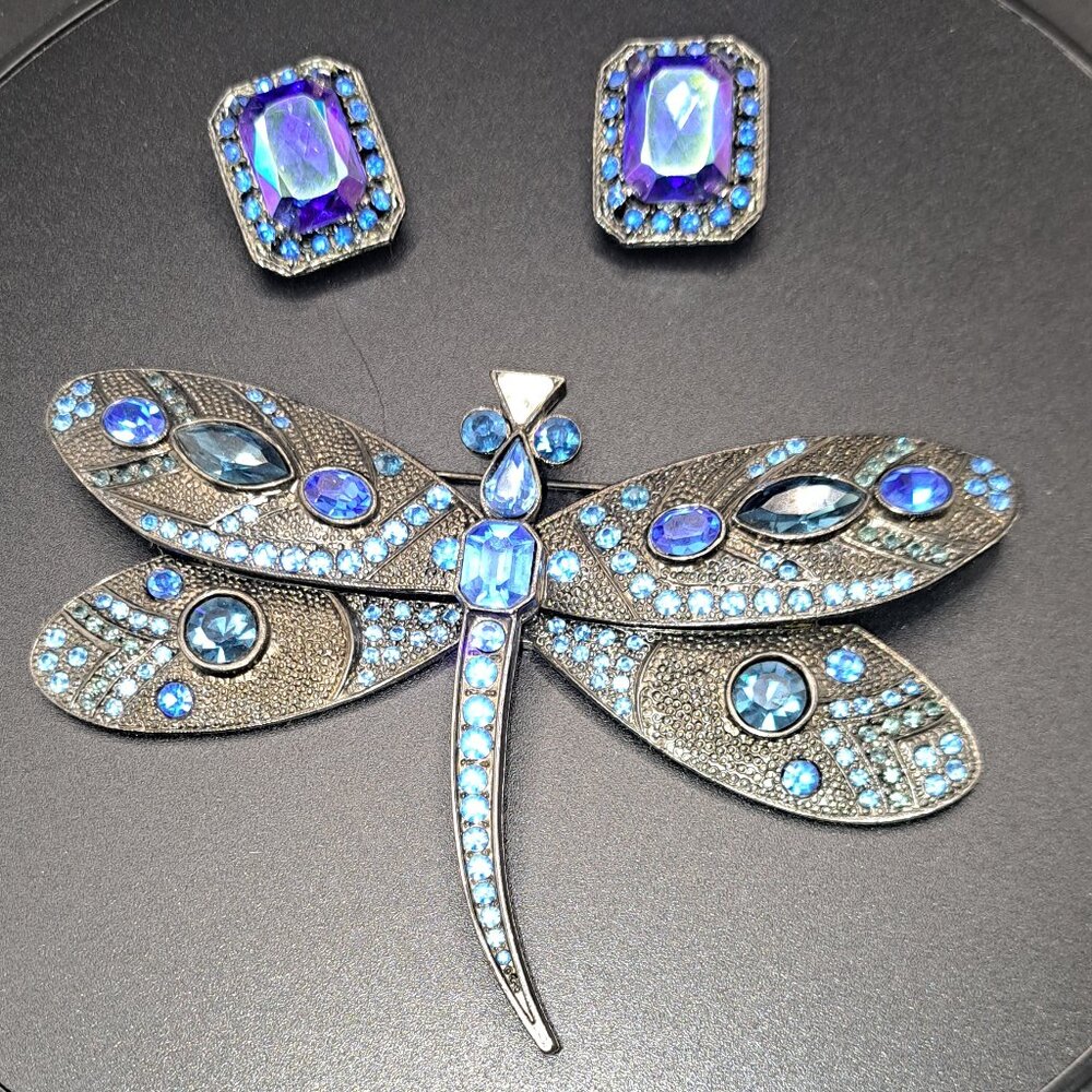 Scherrer Paris Dragonfly Brooch Thelma Deutsch Earrings Blue Black Metal Crystal